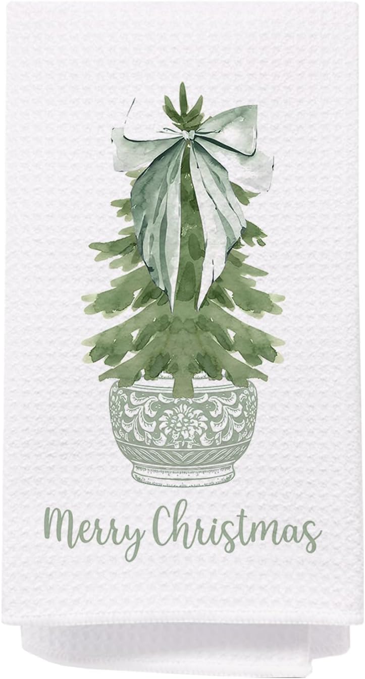 SPBL&L Merry Chinoiserie Christmas Kitchen Towels, Sage Green Porcelain Tree Hand Towels for Bathroom, Bow Dish Towels, Kitchen Bathroom Decor, 16x24 Inch - Image 1